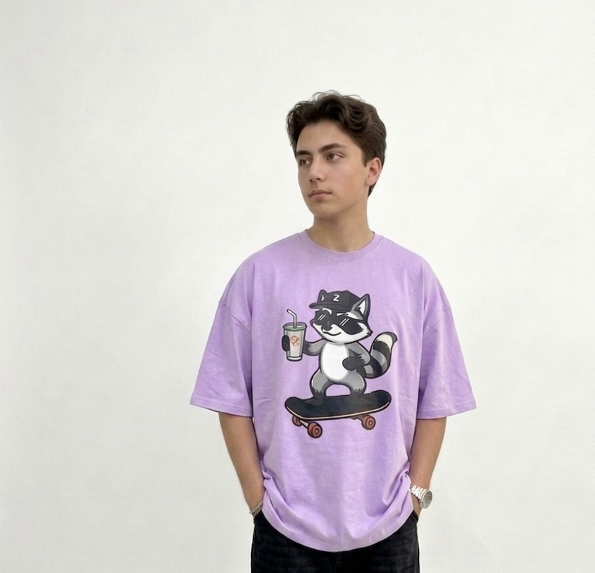 Zenetix Men's Skater Raccoon Oversized T-Shirt – Premium Heavyweight Streetwear