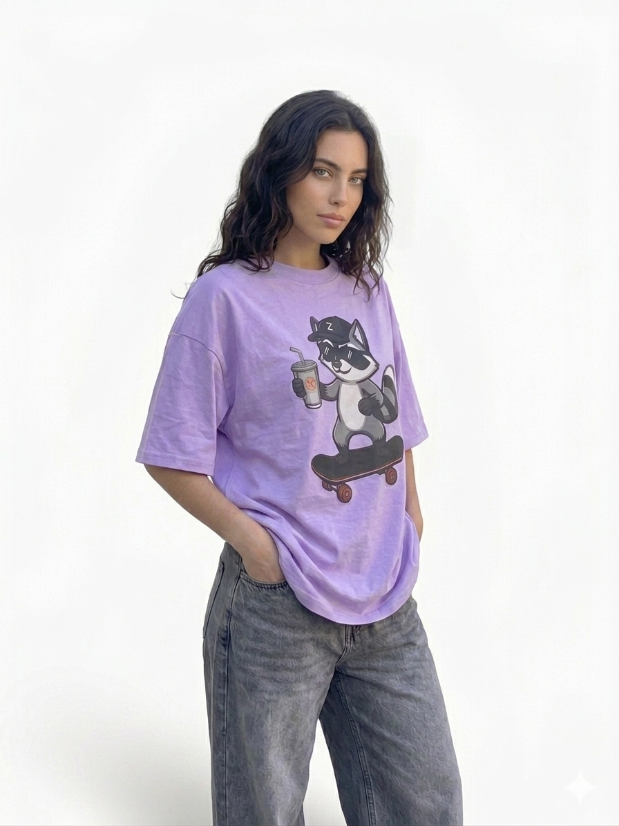 Zenetix Women's Skater Raccoon Oversized T-Shirt – Premium Heavyweight Streetwear