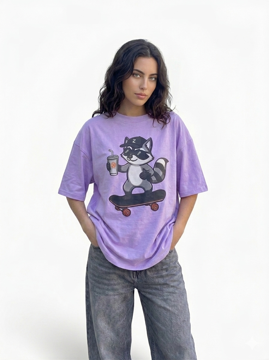Zenetix Women's Skater Raccoon Oversized T-Shirt – Premium Heavyweight Streetwear