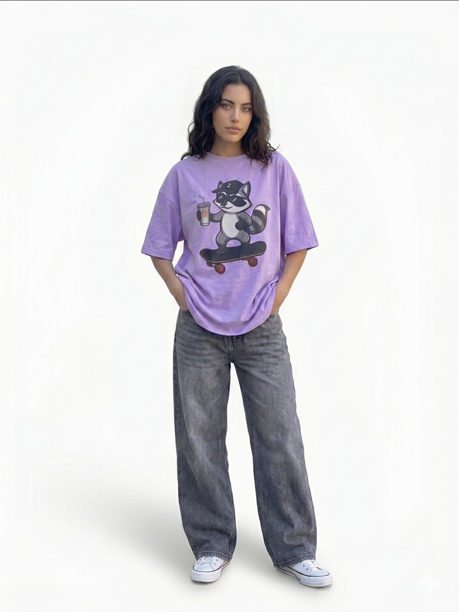 Zenetix Women's Skater Raccoon Oversized T-Shirt – Premium Heavyweight Streetwear