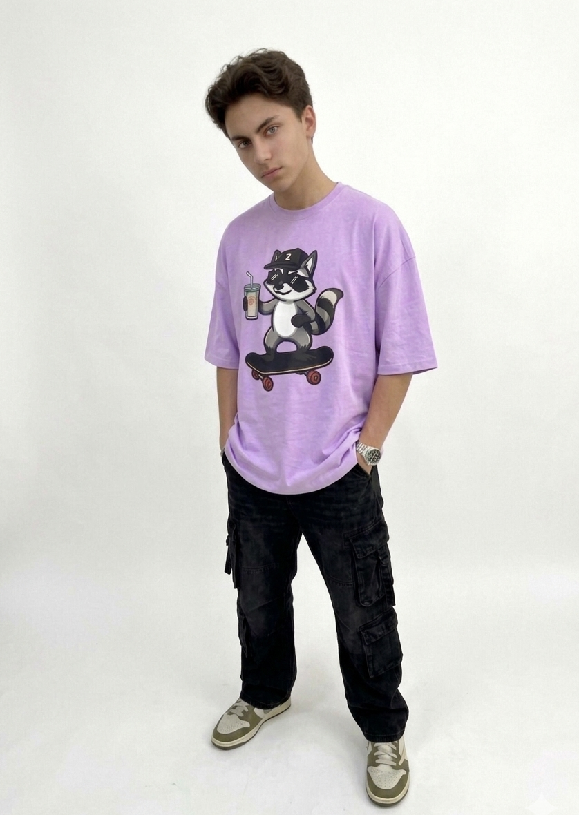 Zenetix Men's Skater Raccoon Oversized T-Shirt – Premium Heavyweight Streetwear